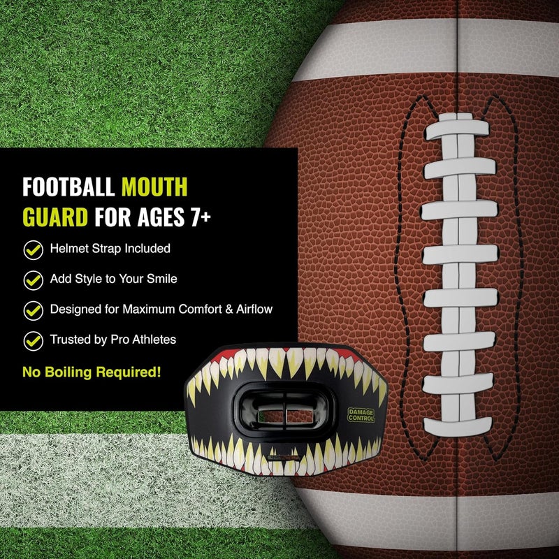 DAMAGE CONTROL Youth Football Mouth Guard – Breathable No Boil Mouthpiece, Protects Lips & Teeth, Works with Braces, Includes Helmet Strap – Sports Gear & Accessories (Symbite) - Image 4